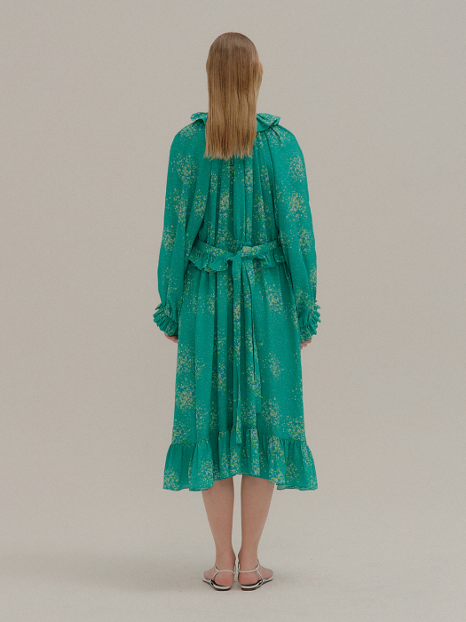 Green Floral Printed Ruffled Dress with ruffled tie belt