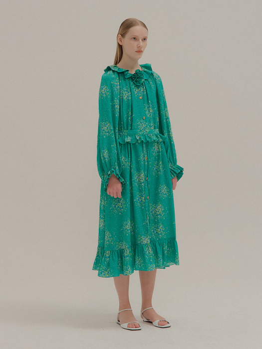 Green Floral Printed Ruffled Dress with ruffled tie belt