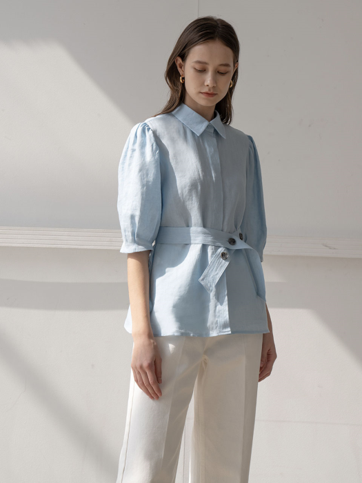Belted puff blouse in sky blue