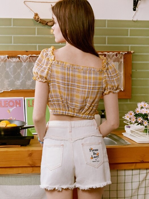 (BL-20322) CHECK TIED-UP PUFF-SLEEVE SHIRT YELLOW