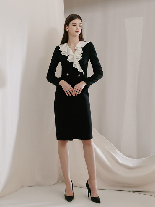 IRINA / Ruffle Collar H-line Dress(black)