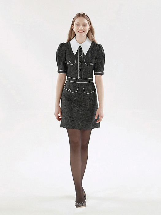 Tweed Puff Mini Dress - Black
