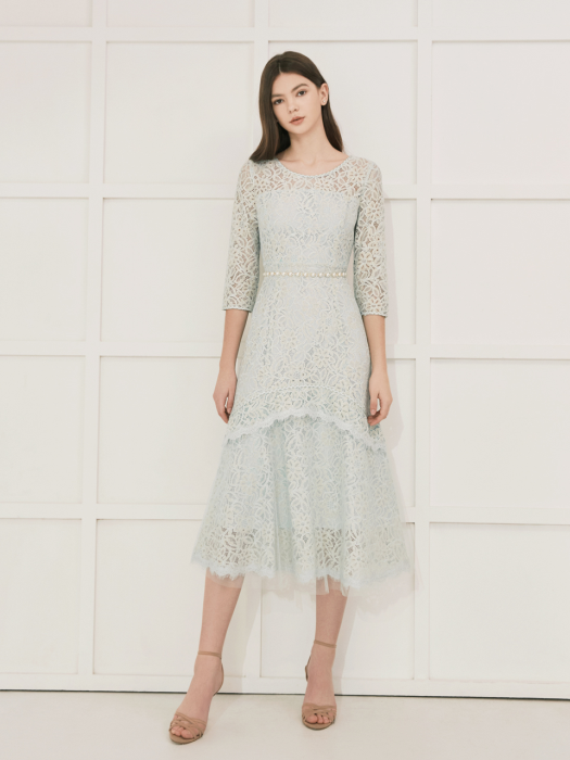 CAROLINE / See-through Lace Chiffon A-Line Dress(Mint)