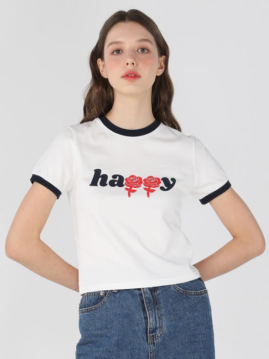 Happy two-tone crop T shirts [Navy]
