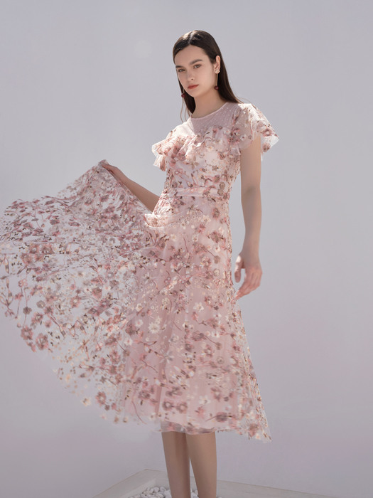 ELIZ / Ruffle See-through Flower Spangle Dress(pink)