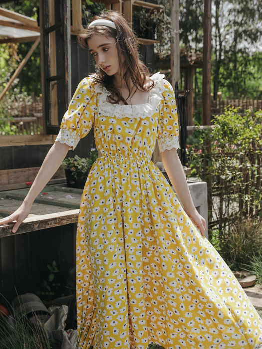 Yellow sunflower side slit dress