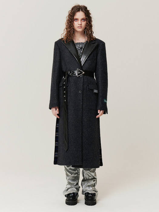 BELTED MOHAIR WOOL SINGLE TWO-BUTTON COAT_MELANGE BLACK