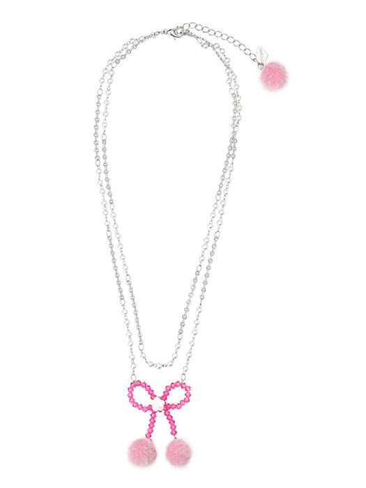 Snow Ribbon Beads Necklace (Fuchsia Pink)