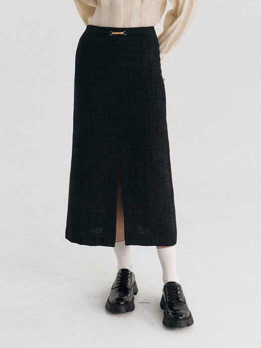 A line Tweed long Skirt  (Black)