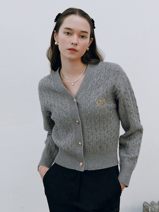 V NECK CABLE CARDIGAN GRAY