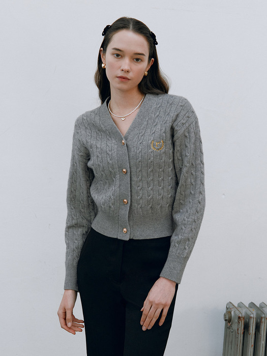 V NECK CABLE CARDIGAN GRAY