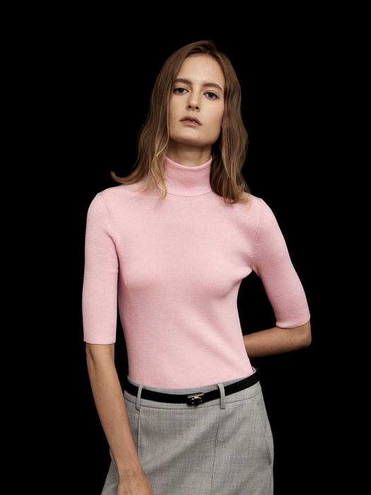 Premium Turtleneck Rib Knit Top Pink