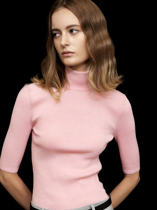 Premium Turtleneck Rib Knit Top Pink