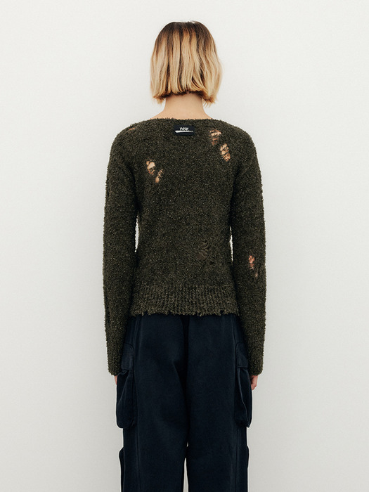 DESTROYED POINT BOUCLE LOOSE KNIT TOP - KHAKI