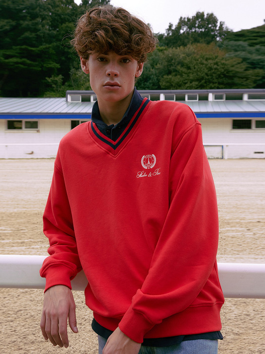 (UNI) V Neck Sweatshirt_Red