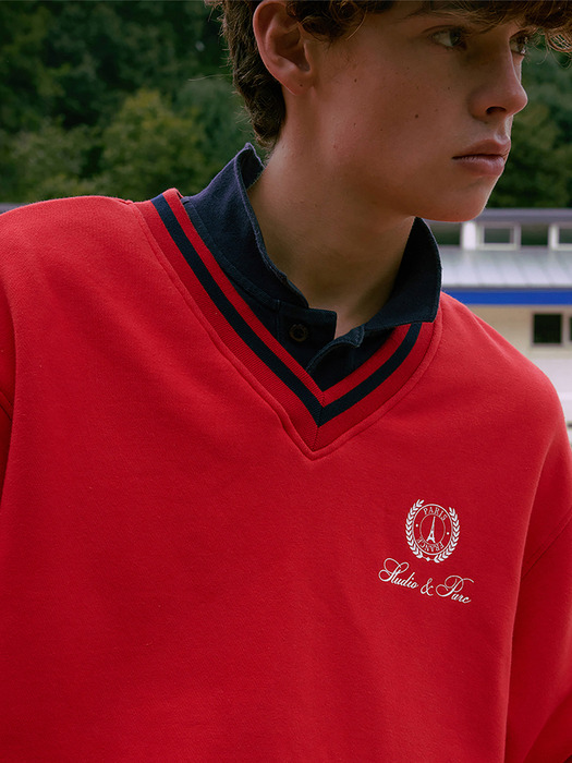 (UNI) V Neck Sweatshirt_Red