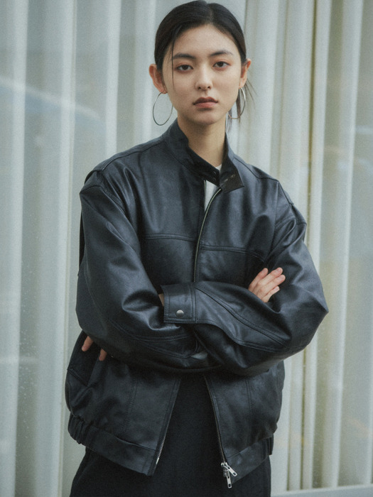 Oversized Faux Leather Jacket _CTO101(Black)