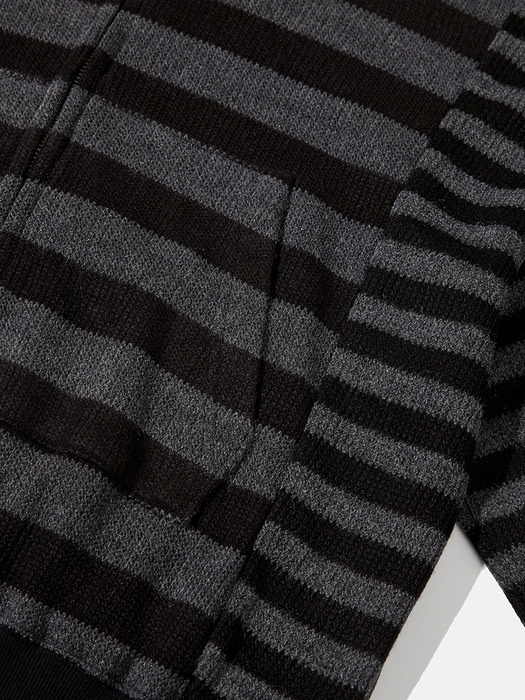Striped knit hoodied zip up / Black charcoal