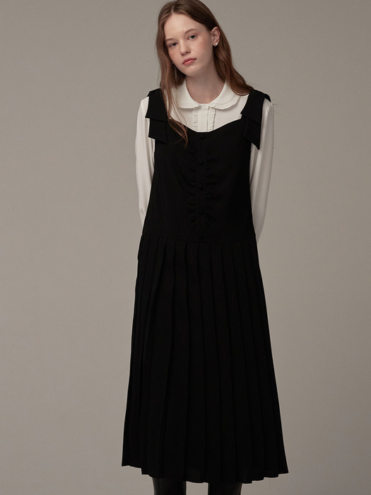 Detachable ribbon pleated dress - Black