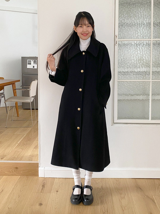 Wool Raglan Single Long Coat Black