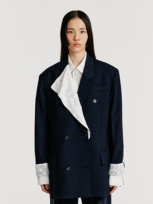 YO Double-Breasted Jacket with Lace Collar - Navy