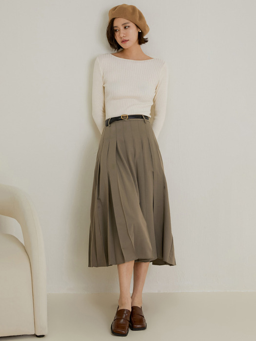 LS_Khaki A-line pleated skirt