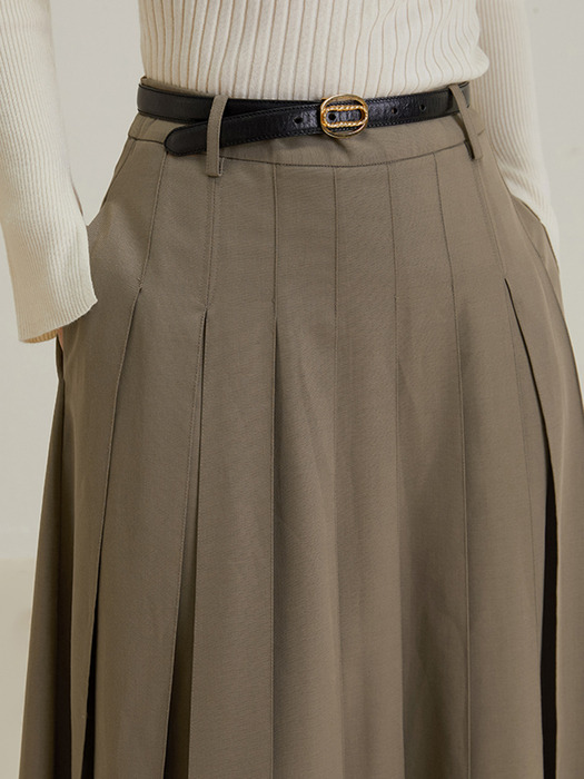 LS_Khaki A-line pleated skirt