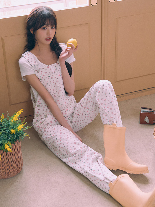 FLOWER DENIM OVERALL PANTS WHITE