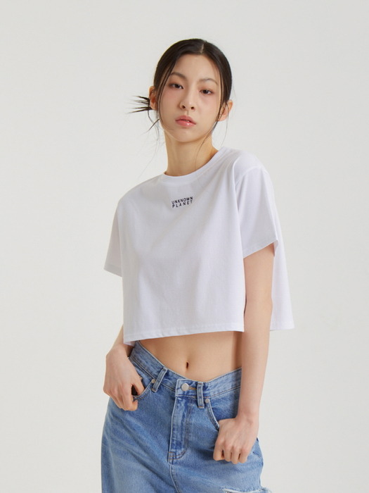 로고 스트라이프 크롭티 화이트_LOGO STRIPE CROP TEE WHITE