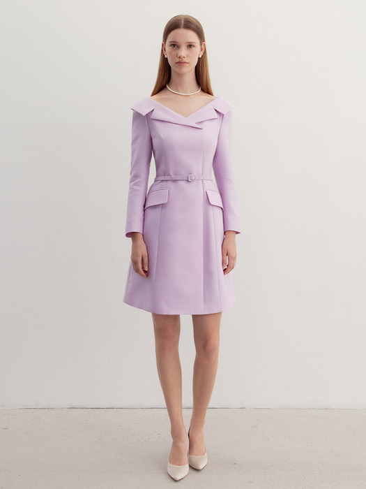 BELITA Wide V-neck notched collar wool silk mini dress (Lavender/Black)