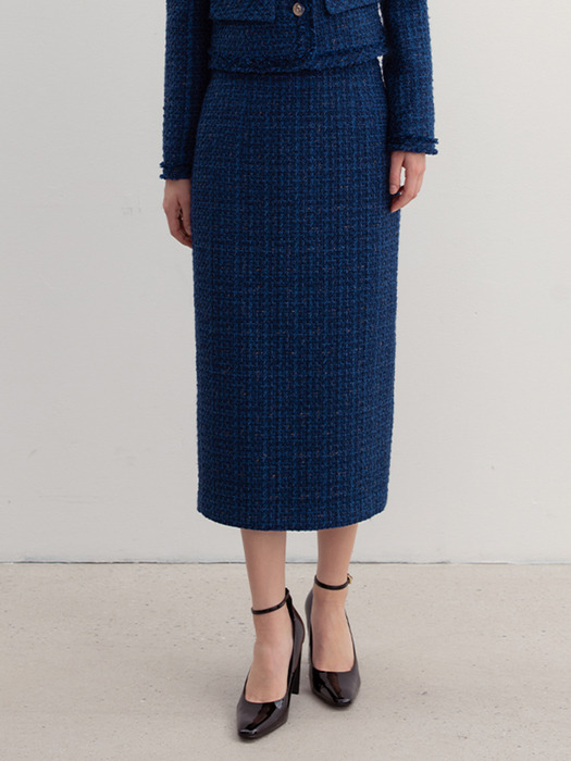 AUDREY H-line tweed long skirt (Deep blue)