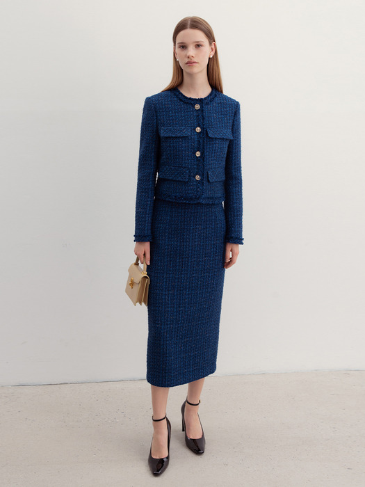 AUDREY H-line tweed long skirt (Deep blue)