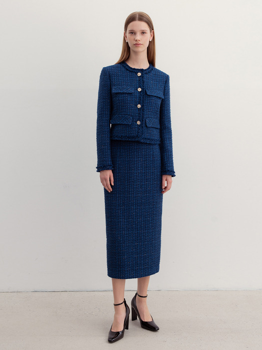 AUDREY H-line tweed long skirt (Deep blue)