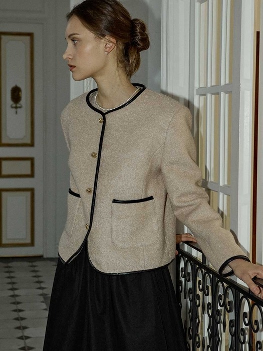 Leather Line Point Tweed Jacket - Beige