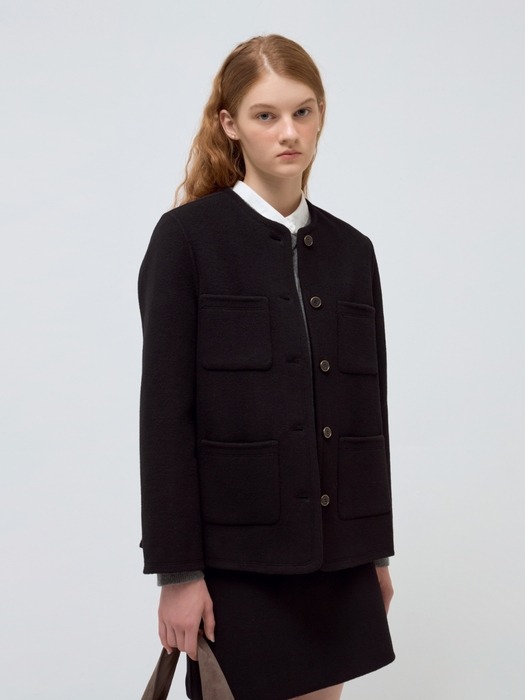 no collar wool blended jacket - black