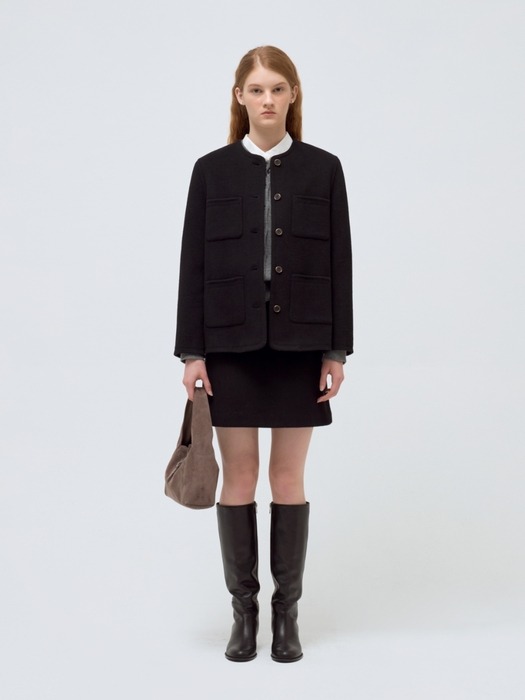 no collar wool blended jacket - black