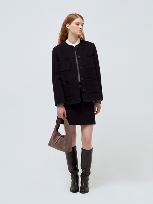 no collar wool blended jacket - black