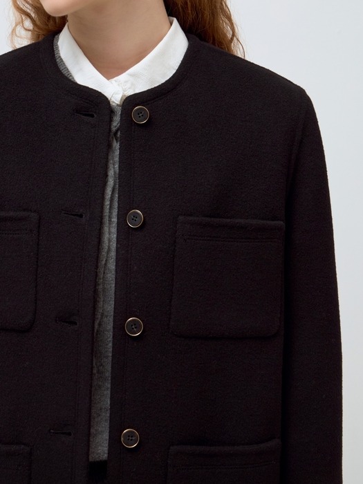 no collar wool blended jacket - black