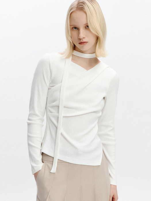 Unbalance Draped Wrap T-blouse OFF WHITE