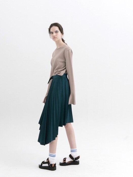 Asymmetrical Pleated Knit Skirt - GREEN