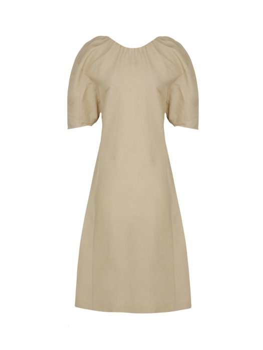 GATHERED LINEN-BLEND DRESS (BEIGE)