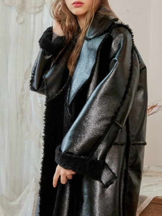 Eco Fur Bonding Hybrid Long Coat_Black
