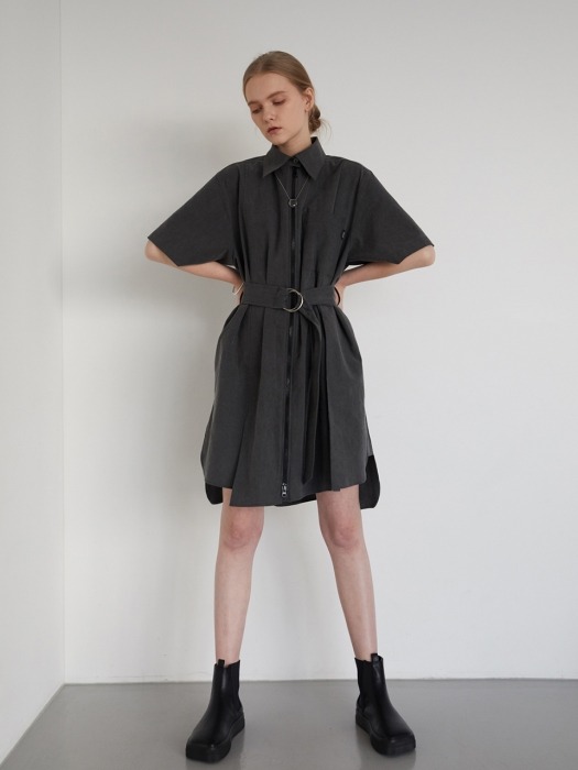 panel&tuck belted shirtdress_charcoal