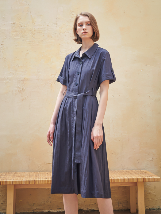 Belted Tailored Shirt One-Piece_Navy