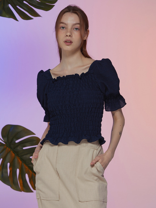 DOUBLE SMOCK PUFF SLEEVE BLOUSE NAVY