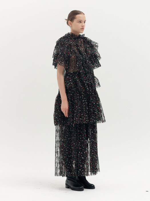 QOLLYN Floral-print Tiered Maxi Skirt - Black Multi