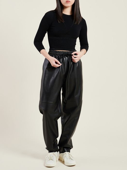 BLACK LEATHER BENDED TROUSERS