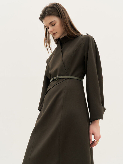 4W Muffler Layered Sleeve Twist Dress -  dark olive