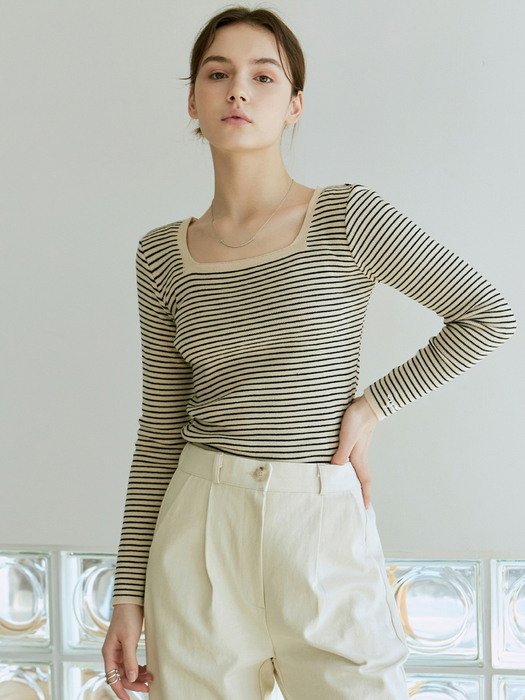 STRIPE SQUARE NECK KNIT_BEIGE