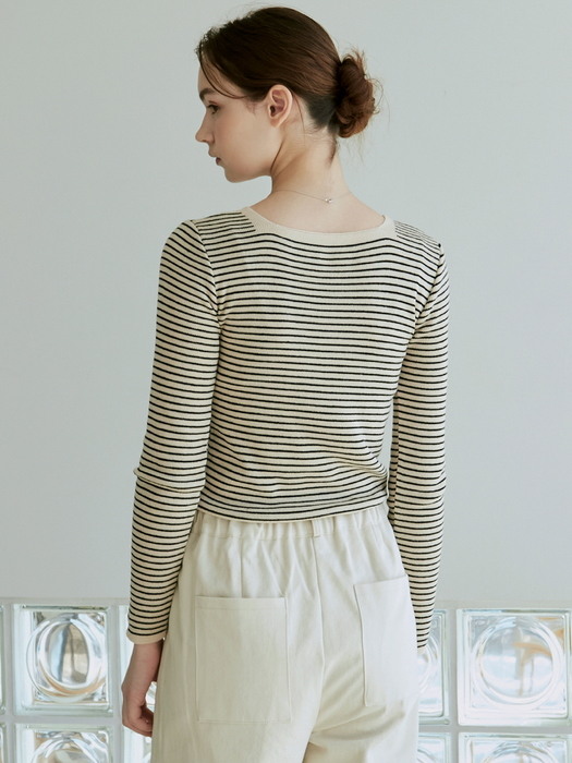 STRIPE SQUARE NECK KNIT_BEIGE